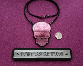 Acrylic 2 layer sugar skull mirror engraved necklace