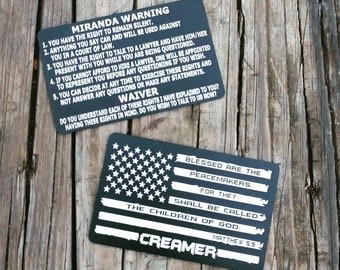Mathew 5:9 American Flag Metal Miranda Card with your name.