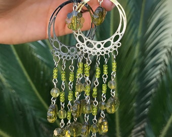 Vintage Boho Bead Earrings // 90s Chartreuse Green Flower Bead Statement Earrings // Silver and Peridot Green Shoulder Duster Earrings