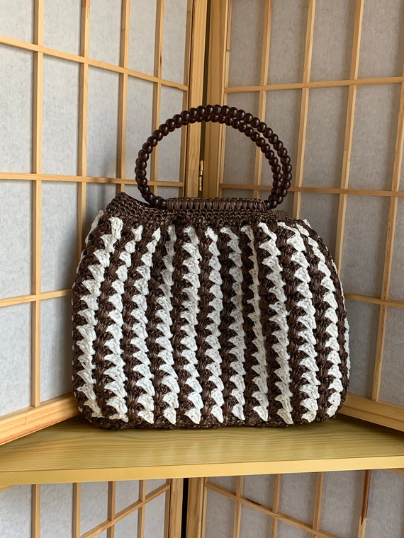 Raffia Purse, Brown White Raffia Top Handle Purse,