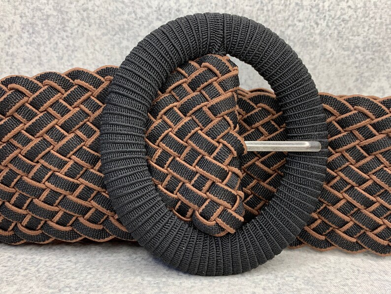 Big Buckle Statement Belt Size Medium Vintage Belt Black Brown Fabric Belt Vintage Stretch Belt Woven Fabric 80s Belt