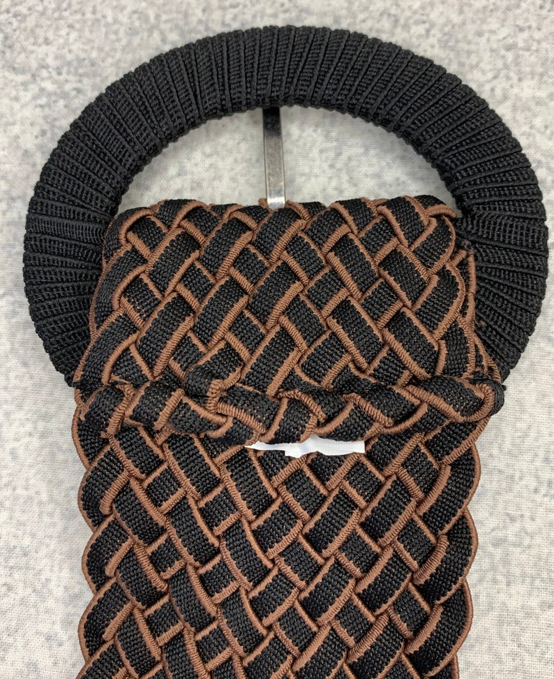 Big Buckle Statement Belt Size Medium Vintage Belt Black Brown Fabric Belt Vintage Stretch Belt Woven Fabric 80s Belt