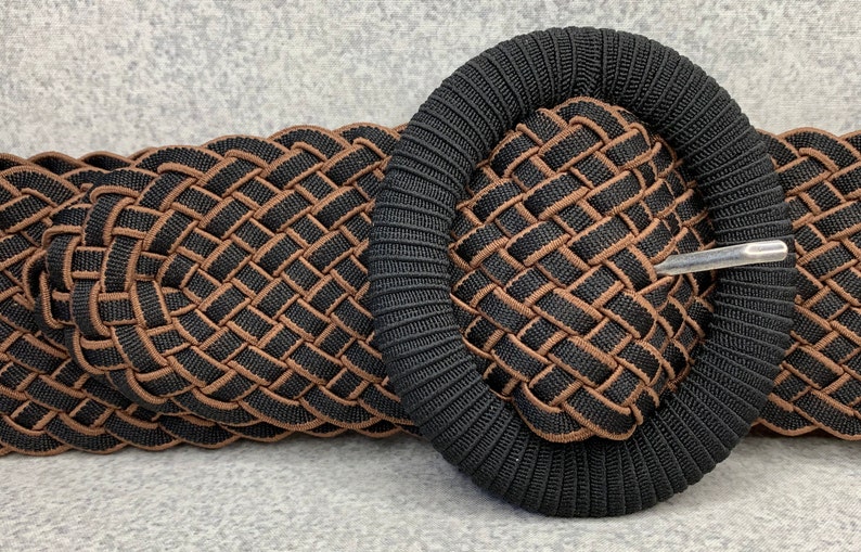 Big Buckle Statement Belt Size Medium Vintage Belt Black Brown Fabric Belt Vintage Stretch Belt Woven Fabric 80s Belt