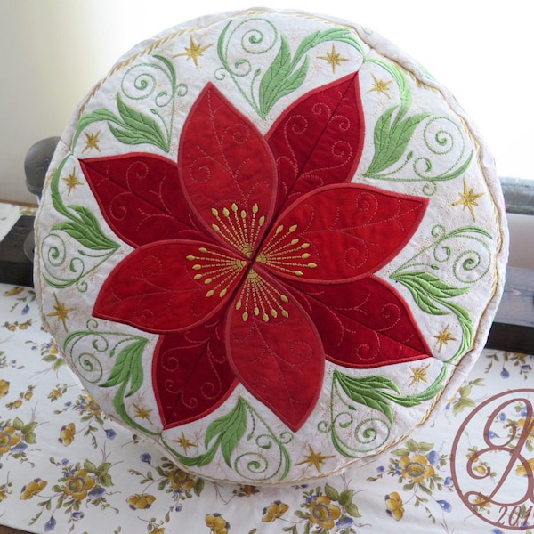 Digital Embroidery :  Poinsettia Round Cushion - In The Hoop machine embroidery file pack - Instant download