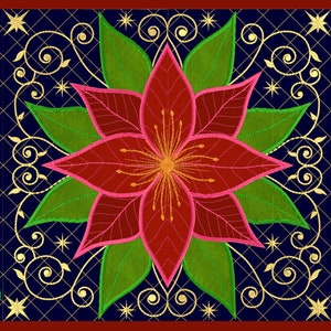 Op de afbeelding: Een rode kerstster met groene bladeren en gouden swirls op een donkerblauwe achtergrond met gouden sterren.