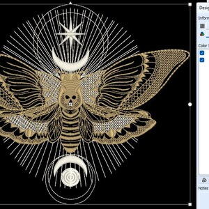 May include: A gold and white embroidered design of a moth with a skull-like face, surrounded by a star and crescent moons. The design is on a black background.