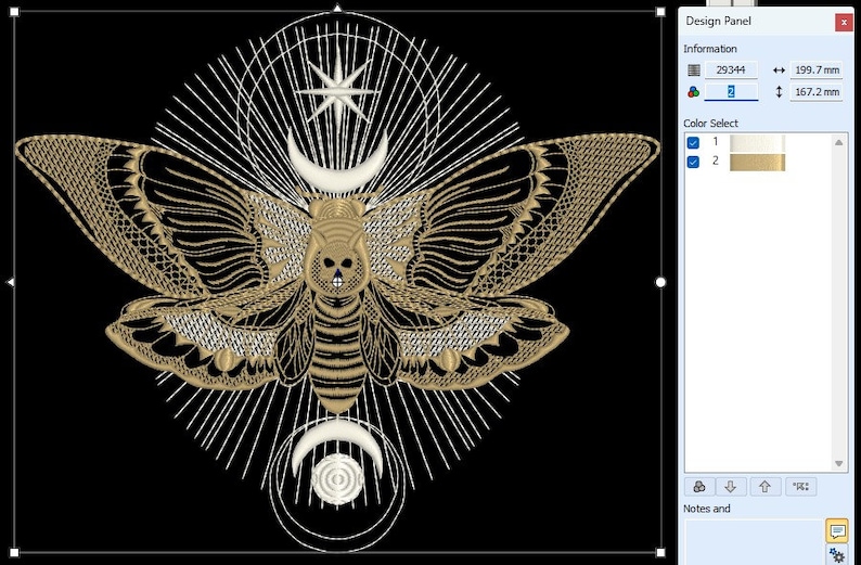 May include: A gold and white embroidered design of a moth with a skull-like face, surrounded by a star and crescent moons. The design is on a black background.
