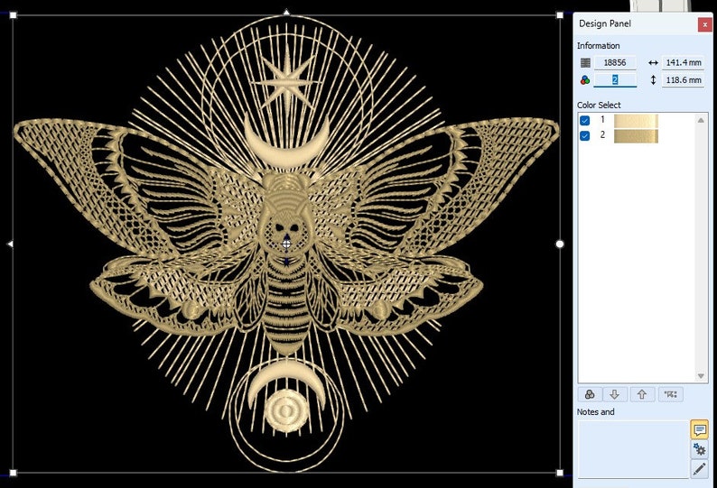 May include: A gold-colored embroidery design of a moth with intricate details, surrounded by a circular pattern of radiating lines and crescent moons. The design is on a black background.