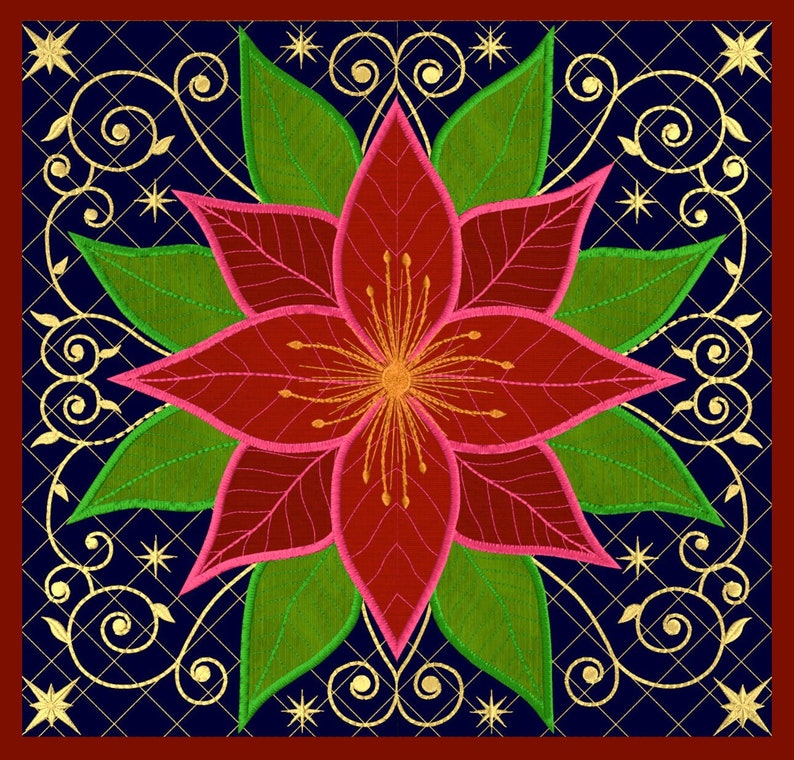 Op de afbeelding: Een rode kerstster met groene bladeren is geborduurd op een donkerblauwe achtergrond met een gouden bloemmotief en gouden sterren.