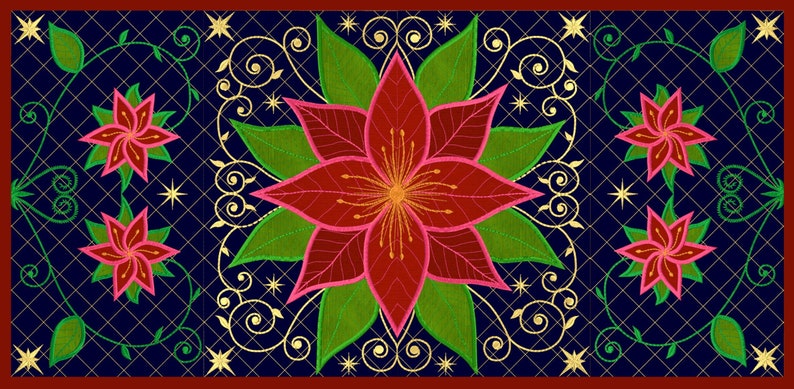 Op de afbeelding: Een rode kerstster met groene bladeren en gouden swirls op een donkerblauwe achtergrond met gouden sterren.