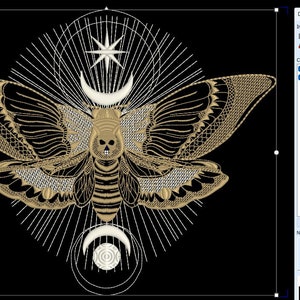 May include: A gold and white embroidered design of a moth with a skull on its head, surrounded by a crescent moon and a star. The design is on a black background.