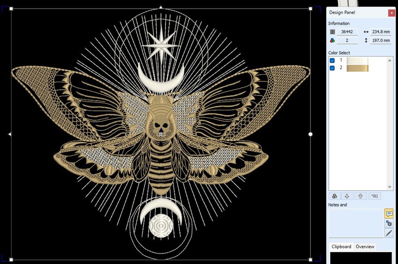 May include: A gold and white embroidered design of a moth with a skull on its head, surrounded by a crescent moon and a star. The design is on a black background.
