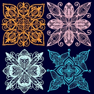 May include: Four square-shaped decorative designs with intricate patterns. The designs are in orange, pink, light blue, and turquoise.