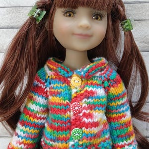 Peut inclure: Une poupée aux cheveux bruns et en jean bleu portant un pull coloré tricoté à la main. Le pull présente un arc-en-ciel de couleurs et est boutonné avec trois boutons décoratifs. Les cheveux de la poupée sont coiffés en couettes avec des pinces à cheveux vertes.