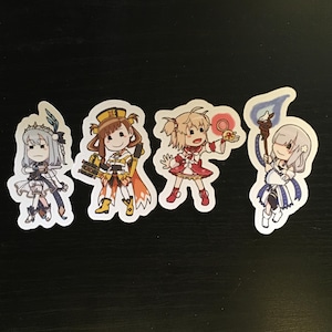 May include: Four die-cut vinyl stickers featuring chibi-style anime characters. The first character has silver hair and a blue feather, the second wears orange and brown armor, the third has blonde hair in a red outfit, and the fourth holds a torch.