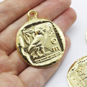 Owl of Athens Coin Pendant, Shiny Gold Athenian Owl, Gold Athenian charm, Roman Pendants, Medallion Pendant, Coins, owl coins AZTC
