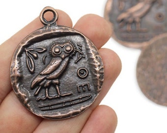 Owl of Athens Coin Pendant, Antique Copper Athenian Owl, Roman Pendants, Medallion Pendant, Greek Owl Coin Charms AZTC