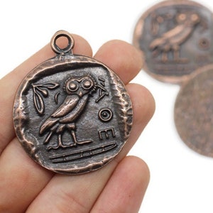 Owl of Athens Coin Pendant, Antique Copper Athenian Owl, Roman Pendants, Medallion Pendant, Greek Owl Coin Charms AZTC