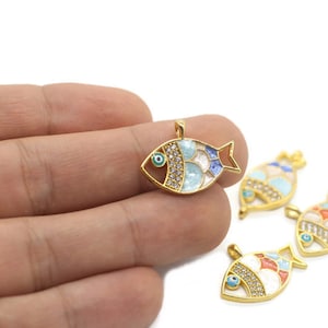 Gold Plated Micropave Blue Enameled Fish Charm | Multicolour Enameled | Enamel Fish Charms | Fish Pendant | CZ Fish Charm | Pisces Charm