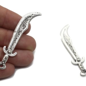 Antique Silver Plated Curved Sword Charm | Mens Necklace | Warrior Necklace | Chain Necklace | Gift For Him | Curved Sword Pendant