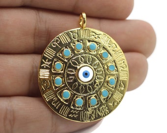 Ciondolo zodiacale enorme placcato in oro / Ciondolo con occhio maligno / Regalo personalizzato / Collana con oroscopo / Delicata collana in oro / Ciondolo smaltato blu