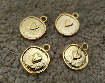 Heart in Coin Pendant, 24k Shiny Gold Heart, Gold Charm, Gold Heart Necklace, Medallion, Heart Pendant, Gold Plated Findings GHM