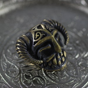 May include: A small, detailed, brass skull charm with horns and intricate designs. The skull is black with gold accents.