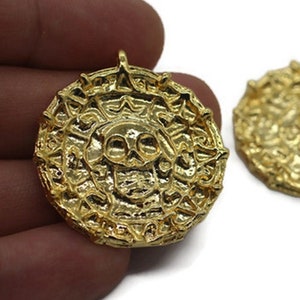 Shiny Gold Plated Pirates Of The Caribbean Cursed Aztec Coin Medallion | Personalized Gift | Gold Necklace | Men Statement Necklace