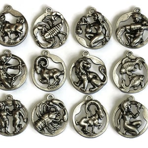 Antique Silver Horoscope Pendant, 34x38mm Zodiac Charms, Horoscope charms, Zodiac Coin charms, Zodiac pendant, For Jewelry Making  ZDCN