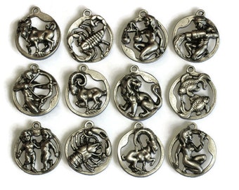 Antique Silver Horoscope Pendant, 34x38mm Zodiac Charms, Horoscope charms, Zodiac Coin charms, Zodiac pendant, For Jewelry Making  ZDCN