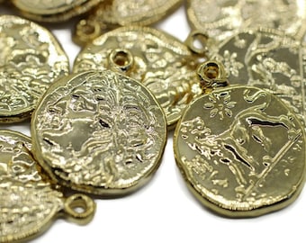 24 K Shiny Gold Caesar coin charms, Earring charms, Mini Greek charms, olympus charms, Caesar pendant, Caesar charms, medallion charms, RRCP