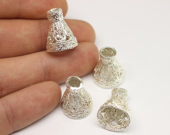 Shiny Silver Plated Filigree Cone Bead Caps, 15x18 mm Filigree Caps, Flower Tassel Caps, Rustic Beadcaps, Bead Cone, End caps,