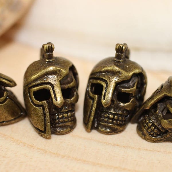 Antique Bronze Injured Spartan Skull Beads, 19mm Spartan helmet, Knife Paracord Lanyard, edc beads, Skull Beads, Lanyard, edc