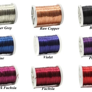 May include: Spools of colorful wire in various colors including silver grey, raw copper, black, blue, violet, purple, dark fuchsia, fuchsia, and red.