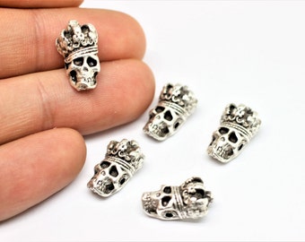 Matt Silver Skull King Beads - 10mm x 18mm Skull King Beads with Two Holes - Skull Beads - Men Bracelet Charm - Slide Charms