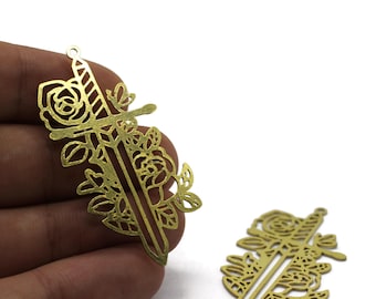 Brass Rose Sword Charms, Minimalist Necklace charms, Laser Cut Brass Earring Charms, Sword origami charms, Raw brass Sword pendant, LSCT