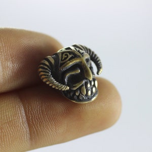 May include: A small, detailed, brass charm in the shape of a horned, mythical creature's head. The charm is a dark bronze color with gold accents.