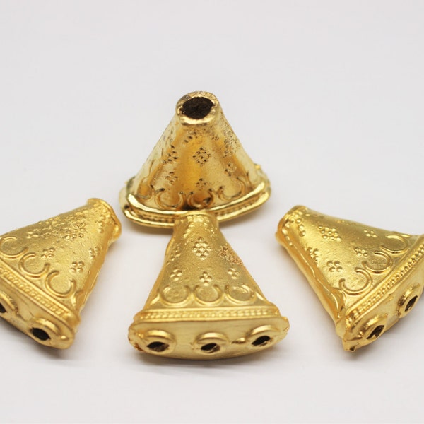 22k Matte Gold Plated Multi Strand Triangle Filigree Bead Caps, 22 mm 3 Hole Laced Connector, Conic Bead Cap, Tassel Cap, beadcaps