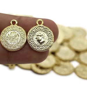 Shiny Gold Plated Coins 17.5x22 mm, Gold Pendant, Gold Coins, Cosplay Supplies, Turkish coin charms, Replica coins, Ottoman coin charms,CRCT
