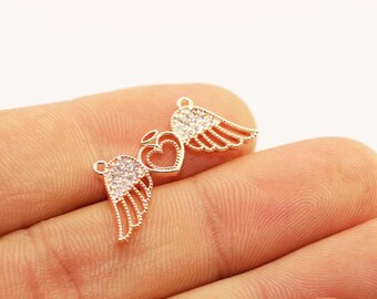 SALE Angel wings charm with zircon, zircon pendant, micro pave wings, cz jewelry, cz charms, cz pendant, micro pave charm, ZRCA