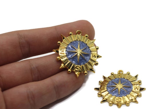 Gold Plated Compass Necklace | Personalized Gift | Dainty Gold Necklace | Blue Enameled Charm