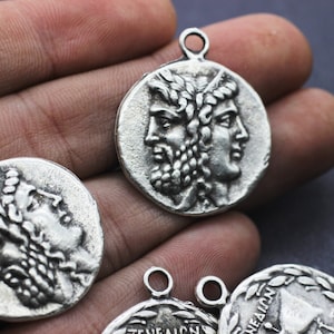 Matt Silver Coins, 28x34 mm Silver Pendant, double side charms, Troy coin charms, Medallion Pendant, Zeus coins, Ancient Greek coins, GRRC