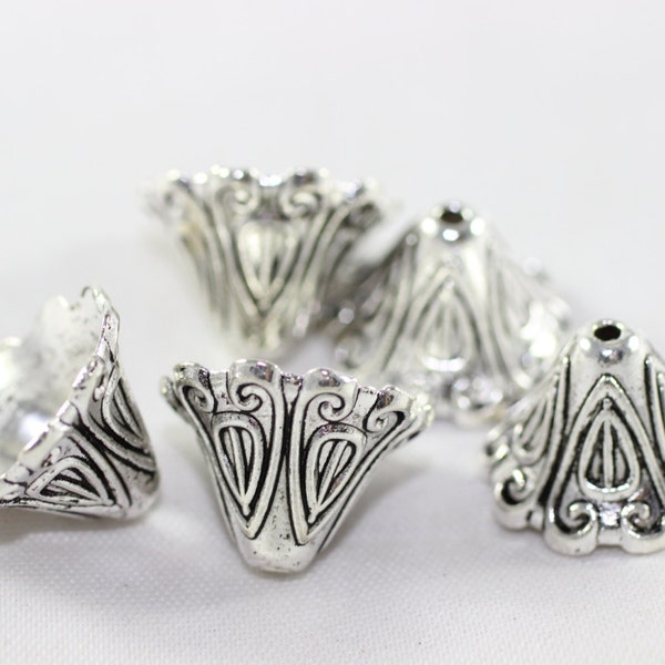 Antique Silver Flower Bead Caps - 10mm Inner Tibetan Silver Cone Caps - Flower Silver Caps