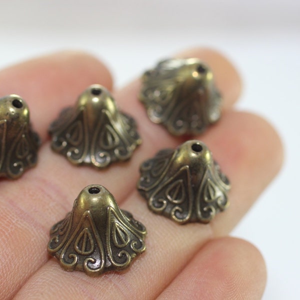 Antique Bronze Flower Bead Caps - 10mm Inner Tibetan Silver Cone Caps - Flower Silver Caps - Tube caps Hca01