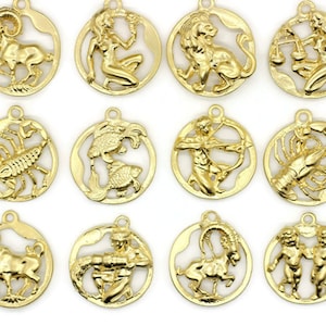 Zodiac Pendants, Matt Gold 34x38mm Zodiac Necklace, Scorpio Necklace, Leo Necklace, Libra Necklace Zodiac, Virgo Necklace, Zodiac Coin