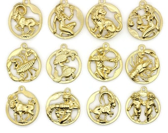 Zodiac Pendants, Matt Gold 34x38mm Zodiac Necklace, Scorpio Necklace, Leo Necklace, Libra Necklace Zodiac, Virgo Necklace, Zodiac Coin