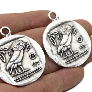 Owl of Athens Coin Pendant, Matte Silver Athenian Owl, Athens charm, Roman Pendants, Medallion Pendant, Coins, owl coins, Silver Coin, AZTC