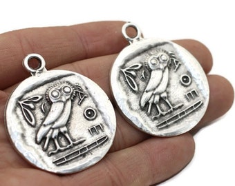 Owl of Athens Coin Pendant, Matte Silver Athenian Owl, Athens charm, Roman Pendants, Medallion Pendant, Coins, owl coins, Silver Coin, AZTC