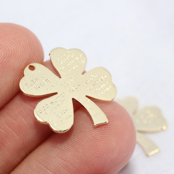 Shiny Gold Plated Celtic Shamrock Charms, 18 mm Good Luck Charm, Good luck in 21 languages, Golden Four Leaf Clover, Clover charms