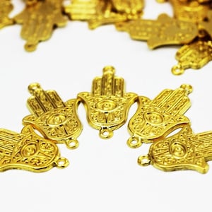 24 K Matt Gold Plated Hamsa Connectors with two holes - Hamsa Hand Bracelet and Necklace Findings 15x25 mm- Fatima Hand - Hamsa Charm